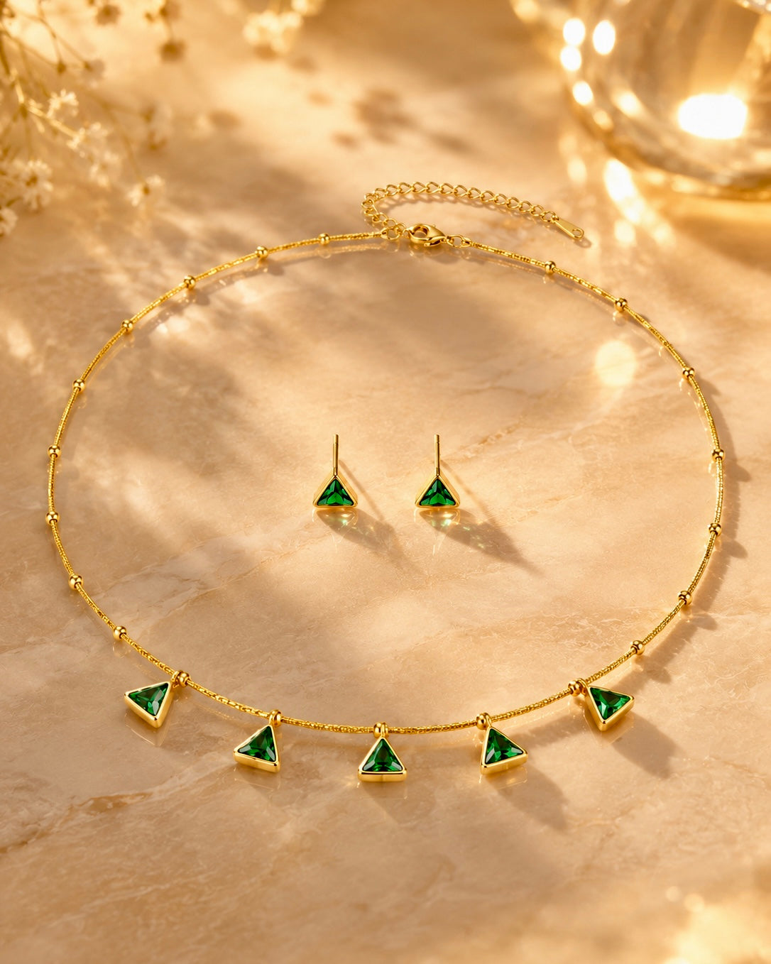 Emerald Prism Necklace & Stud Earrings Set