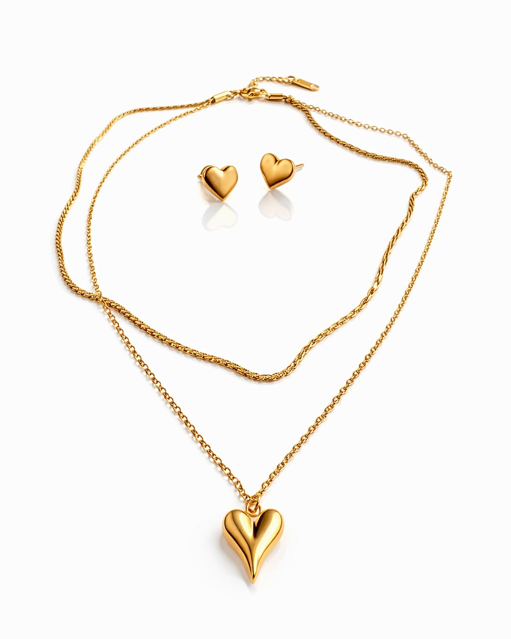 Golden Heart Layered Necklace & Stud Set