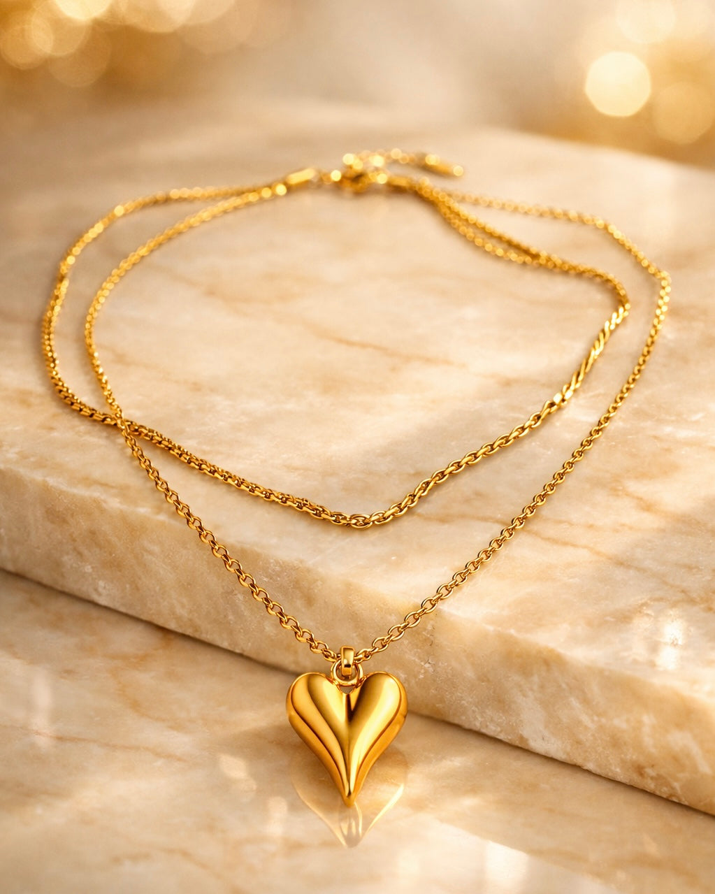 Golden Heart Layered Necklace & Stud Set