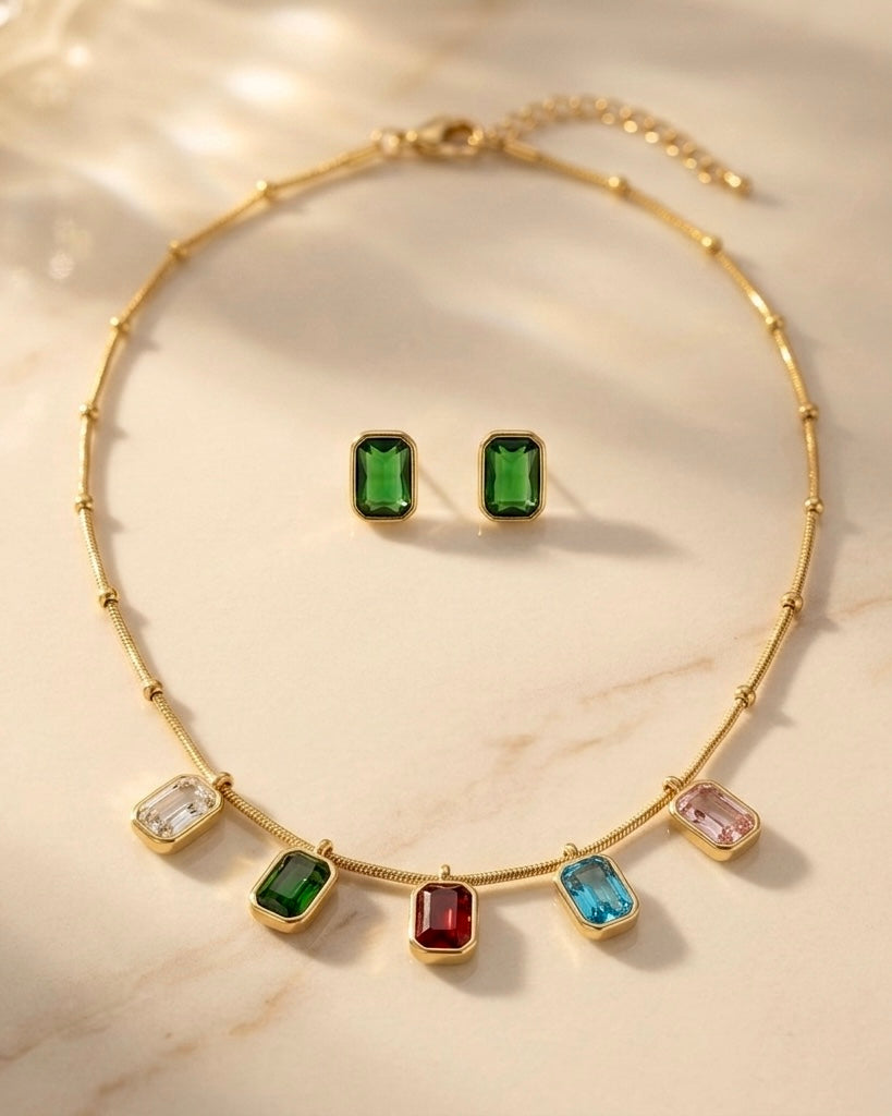 Celeste Multicolor Gemstone Necklace & Stud Earrings Set