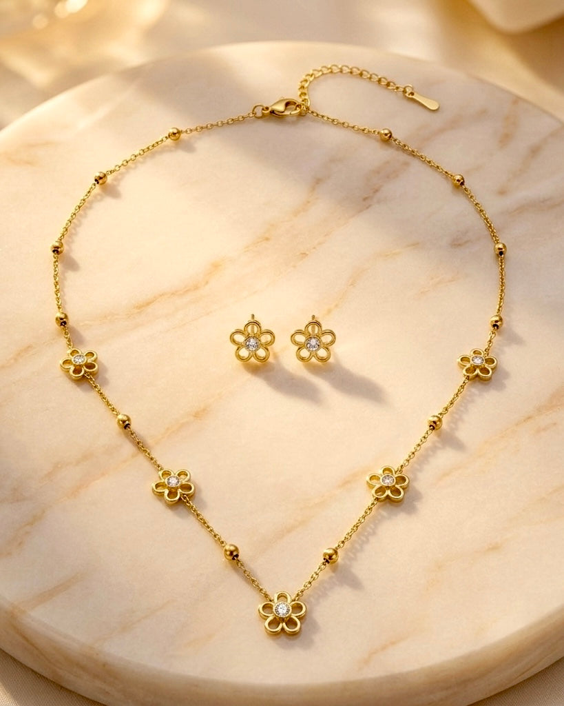 Golden Blossom Crystal Necklace Set