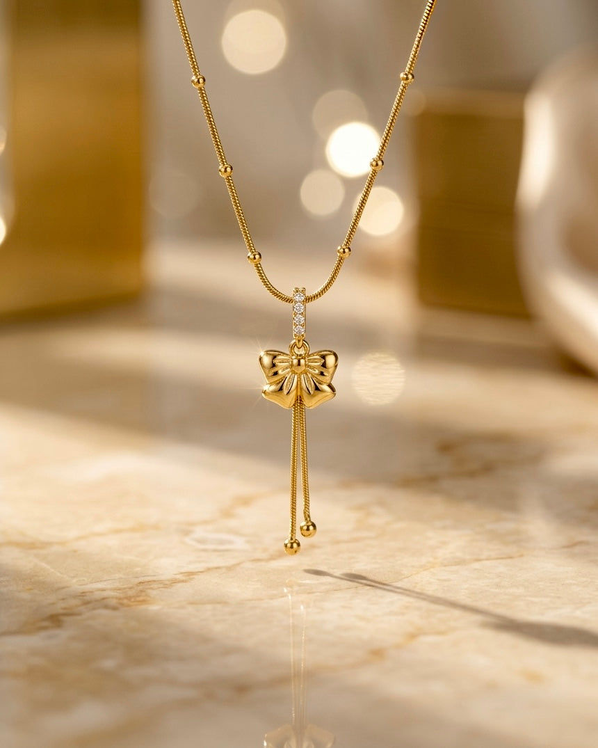 Golden Bow Charm Pendant Necklace