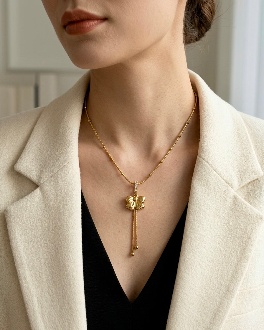 Golden Bow Charm Pendant Necklace