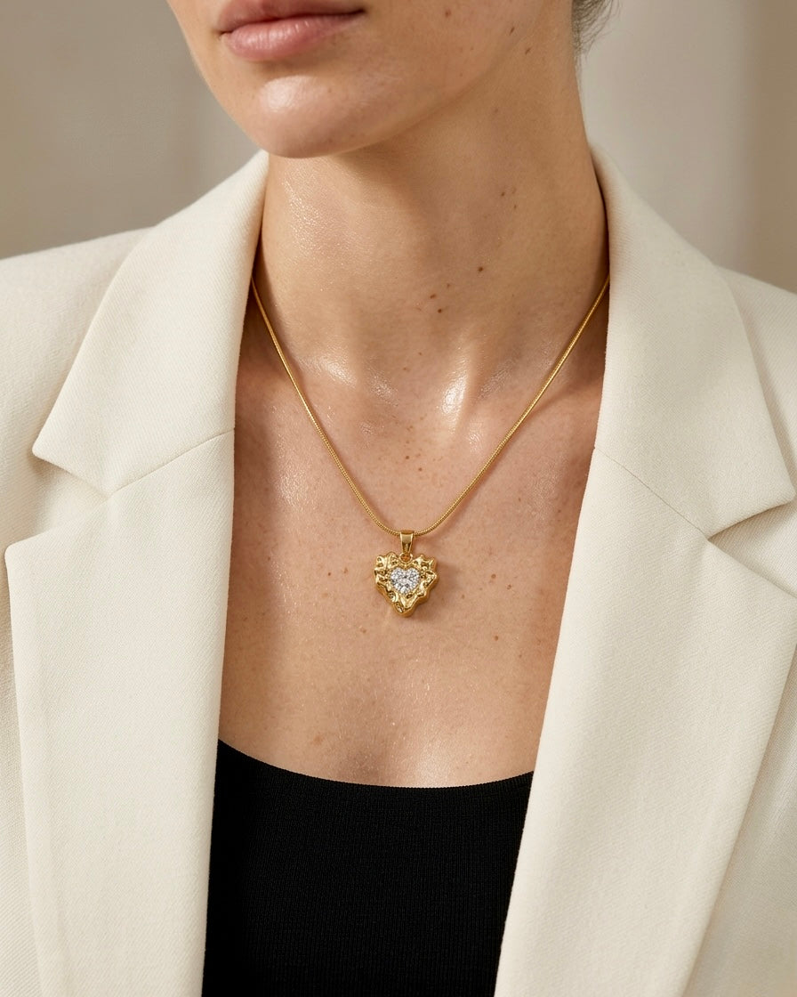 Luna Heart Crystal Gold Pendant Necklace