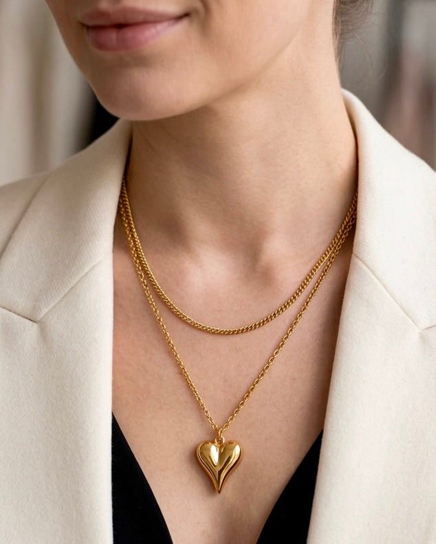 Golden Heart Layered Necklace & Stud Set