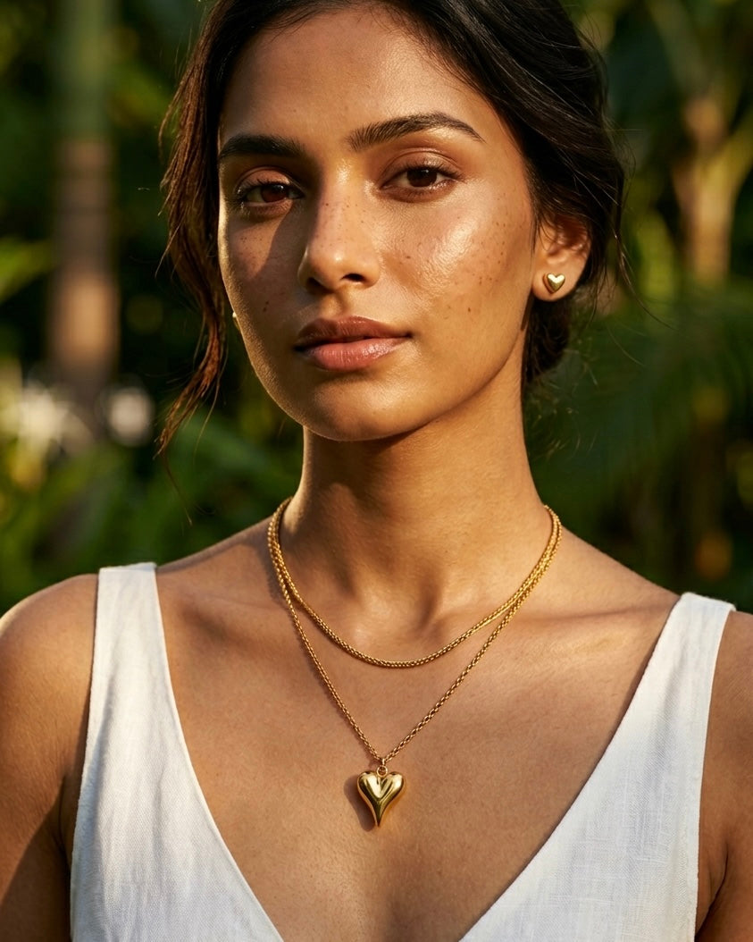 Golden Heart Layered Necklace & Stud Set