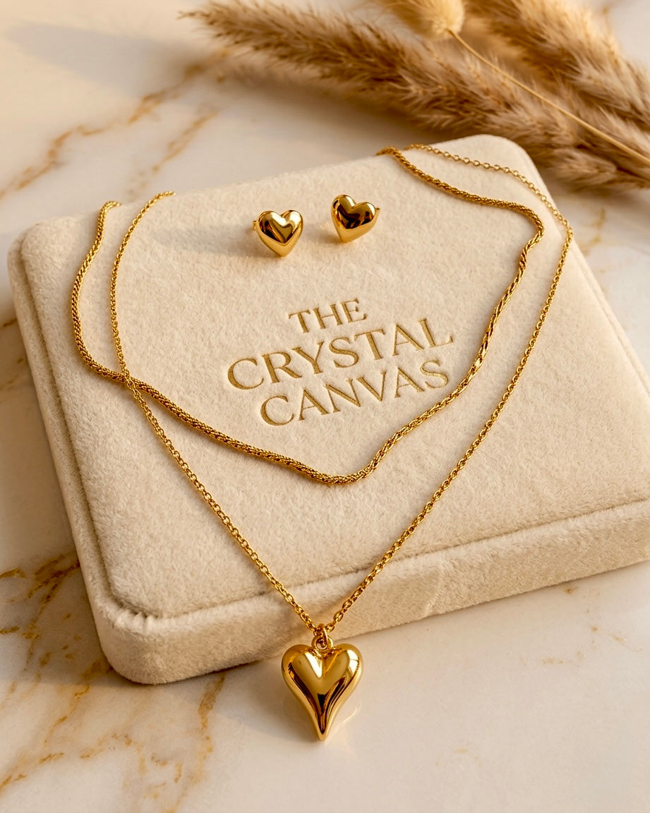 Golden Heart Layered Necklace & Stud Set
