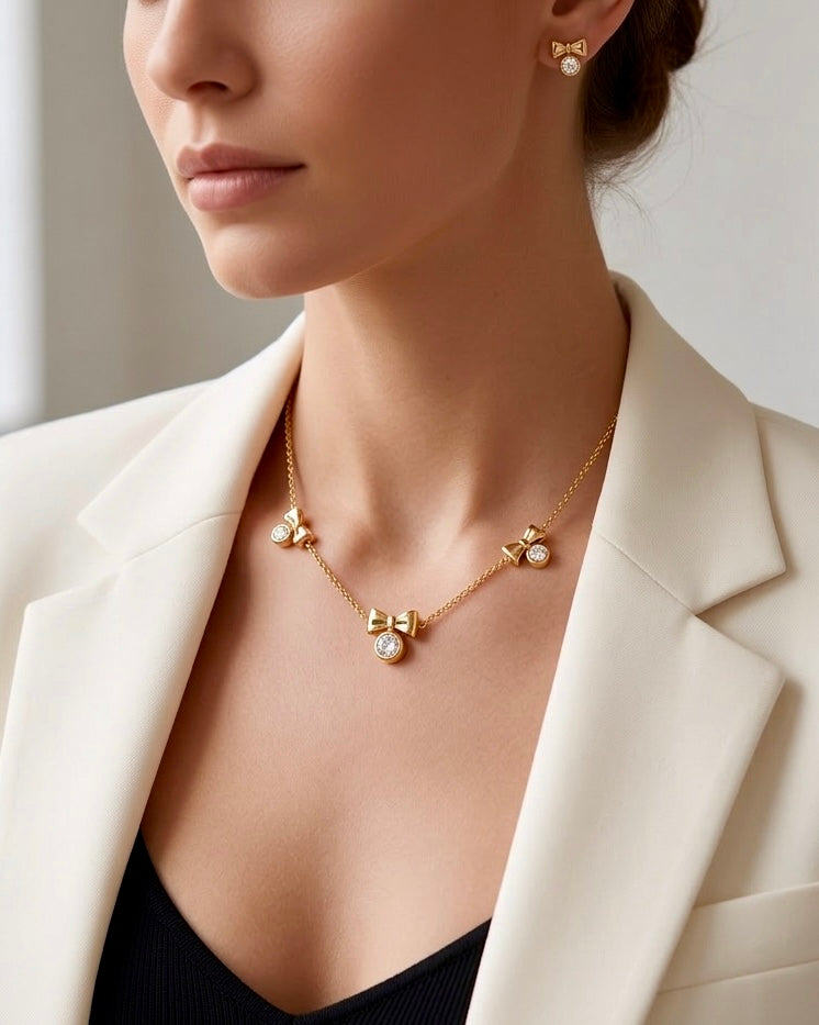 Golden Bow Crystal Necklace & Stud Set