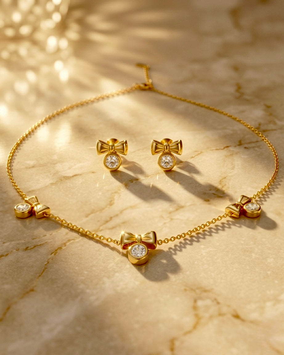 Golden Bow Crystal Necklace & Stud Set