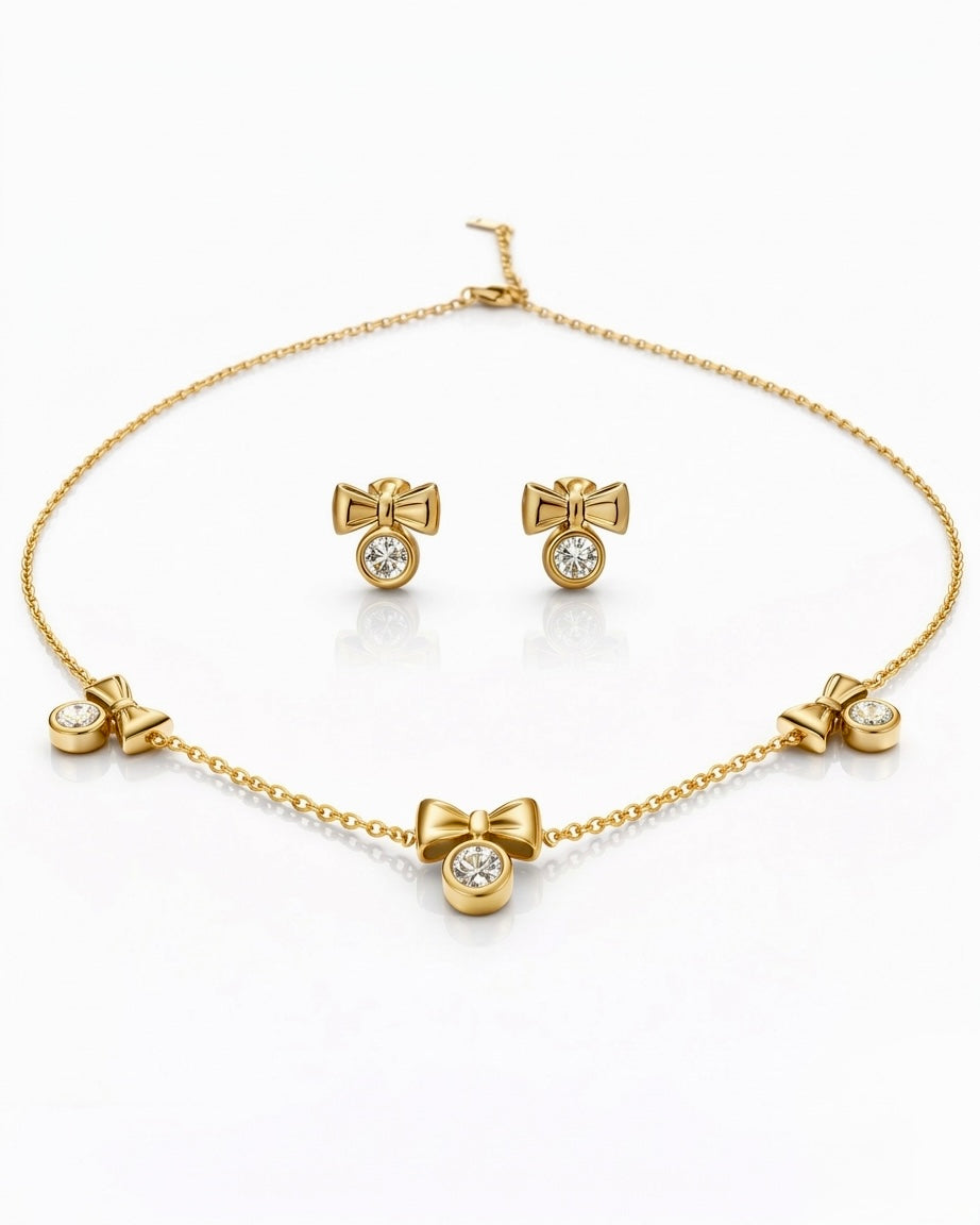 Golden Bow Crystal Necklace & Stud Set