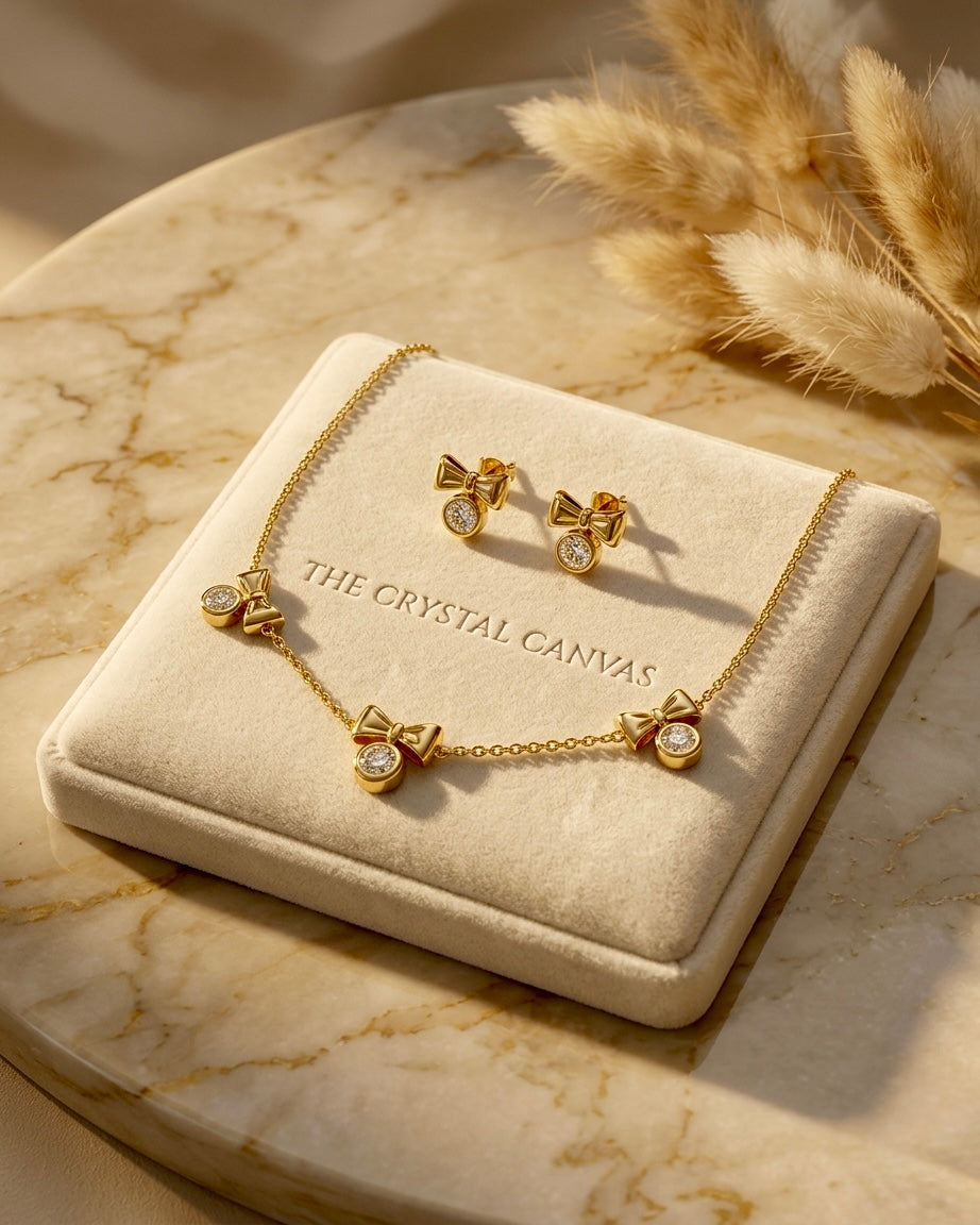 Golden Bow Crystal Necklace & Stud Set