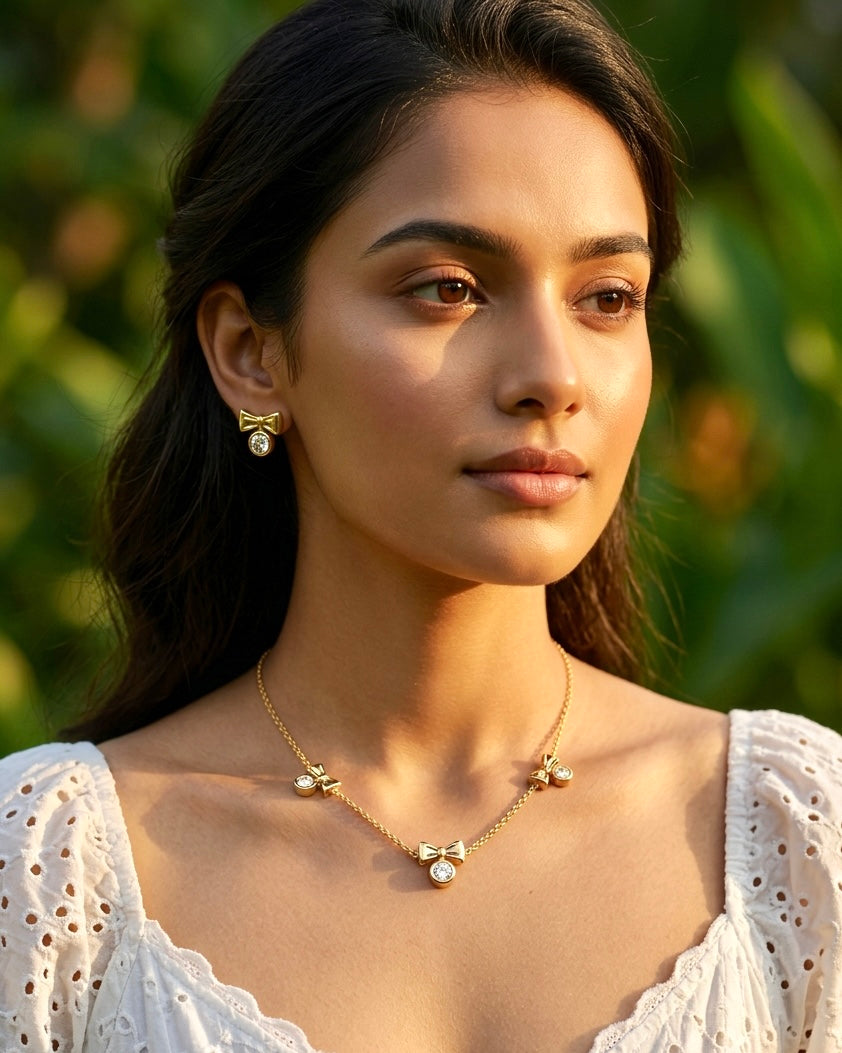 Golden Bow Crystal Necklace & Stud Set