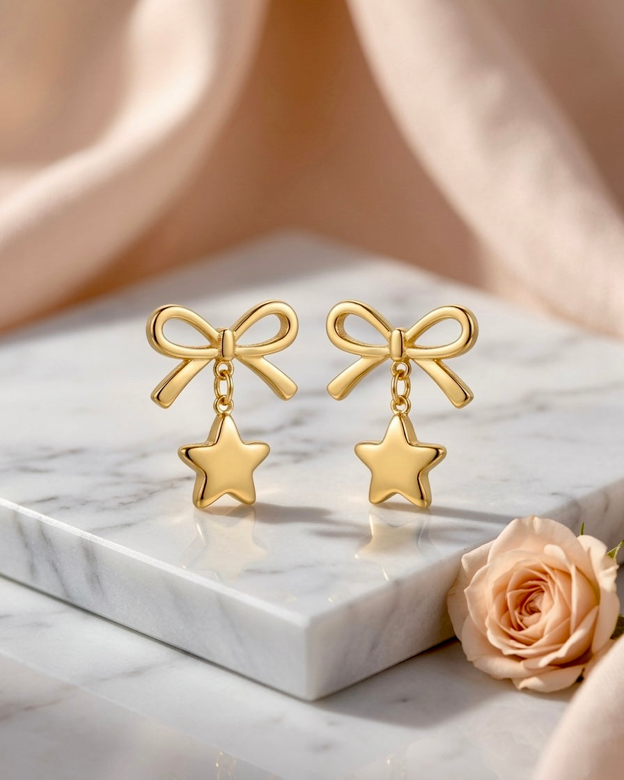 Golden Bow Star Drop Earrings