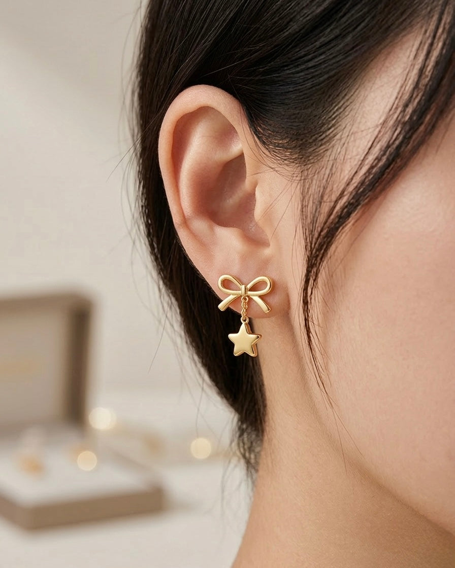 Golden Bow Star Drop Earrings