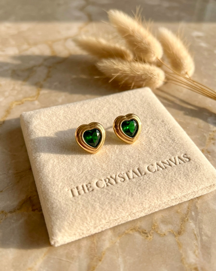 Verdant Heart Crystal Stud Earrings