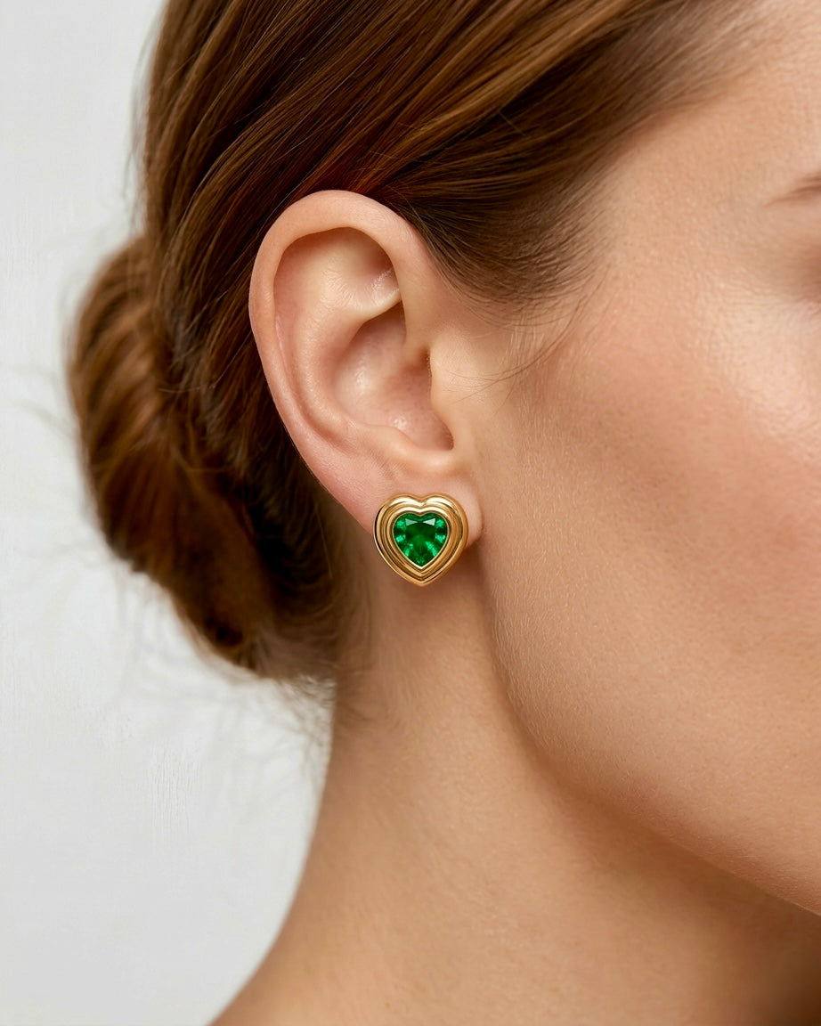 Verdant Heart Crystal Stud Earrings