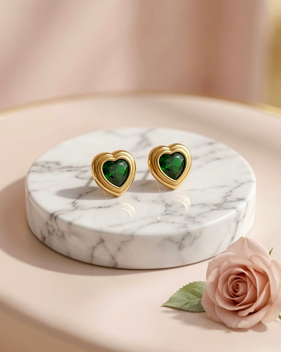 Verdant Heart Crystal Stud Earrings