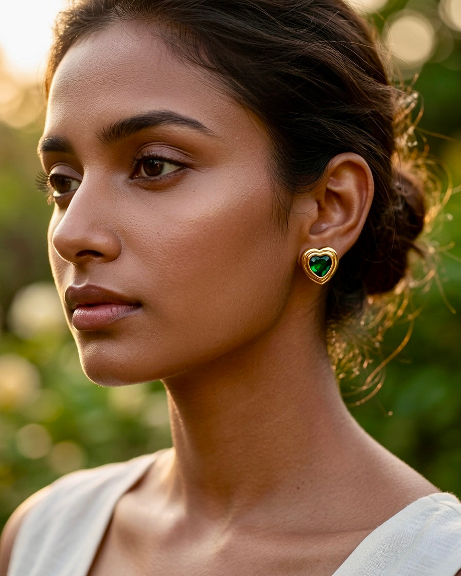 Verdant Heart Crystal Stud Earrings