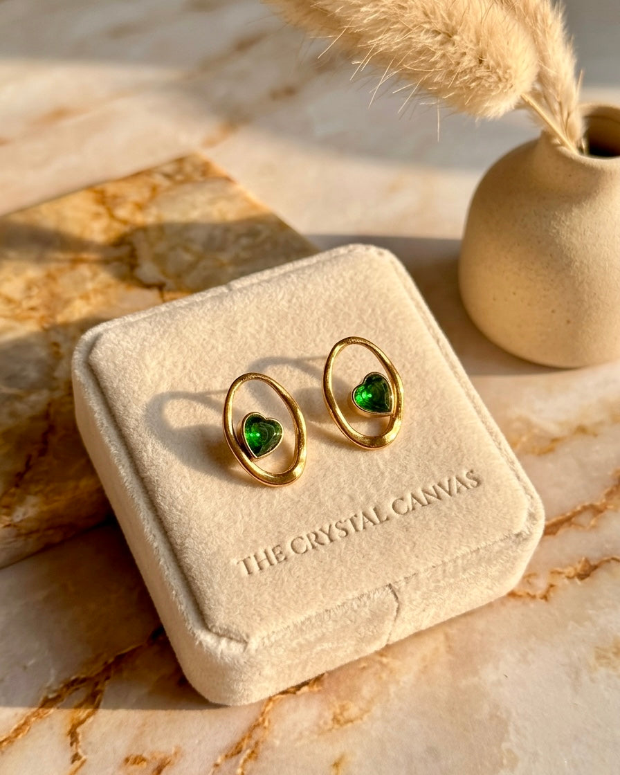 Emerald Heart Halo Stud Earrings