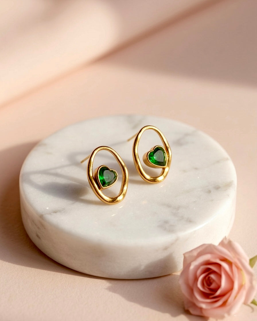 Emerald Heart Halo Stud Earrings