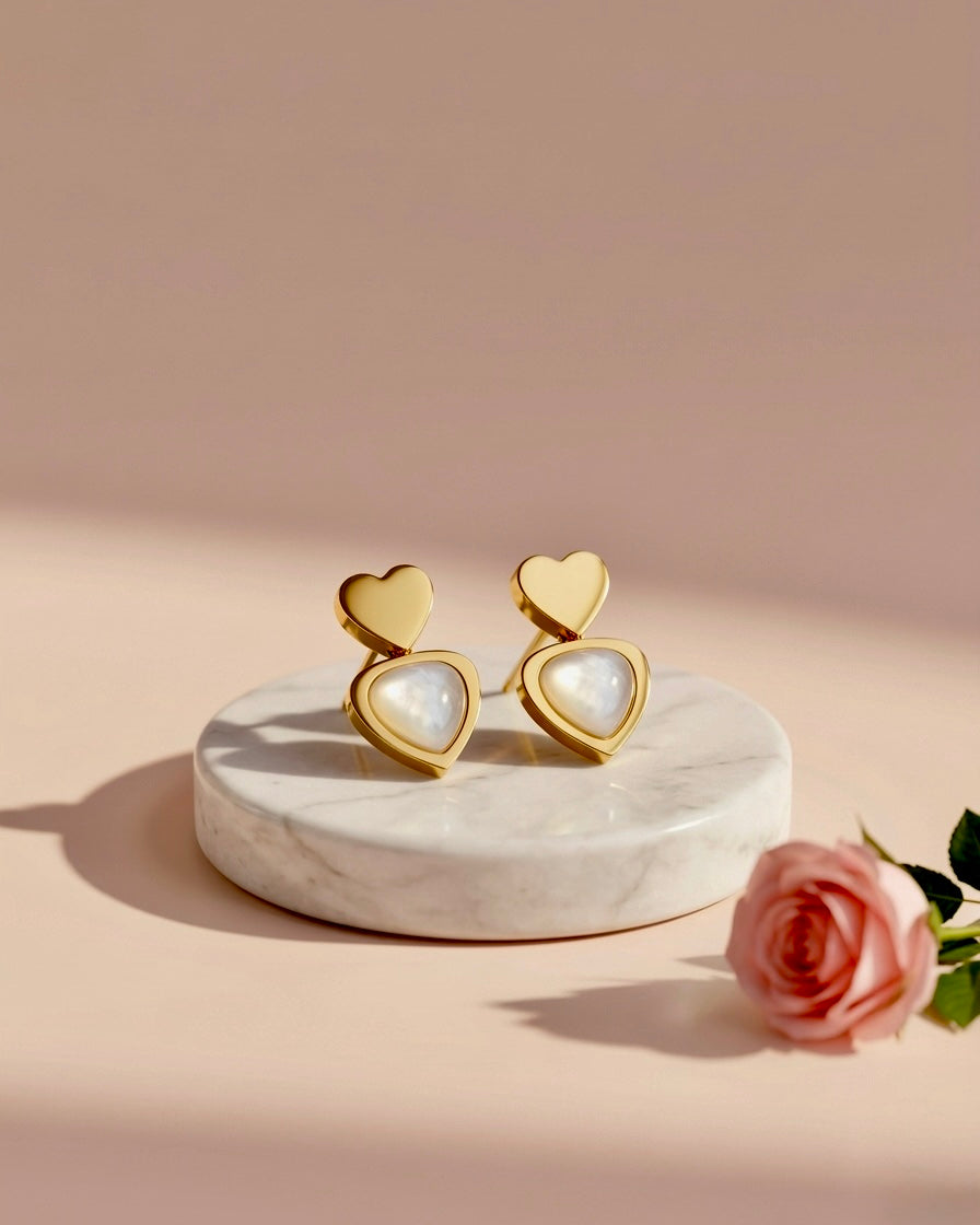 Golden Heart Pearl Stud Earrings
