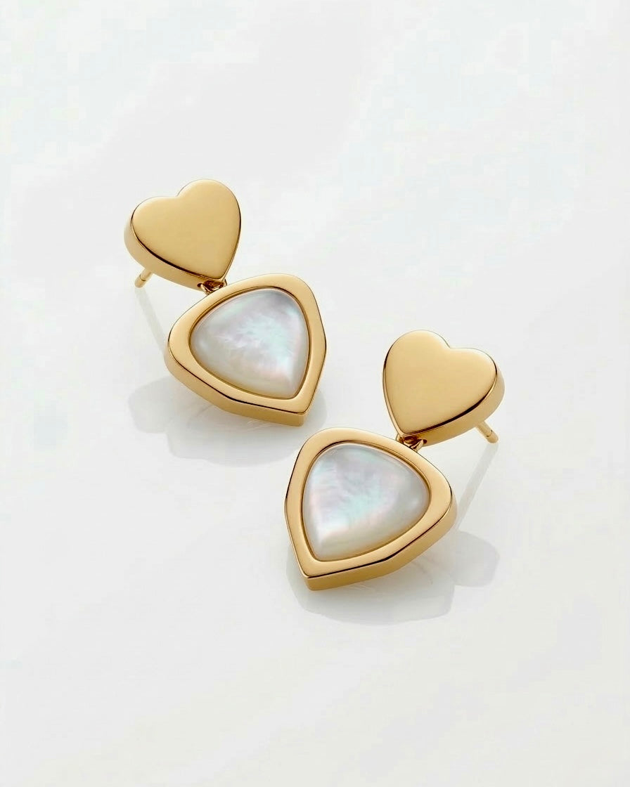 Golden Heart Pearl Stud Earrings