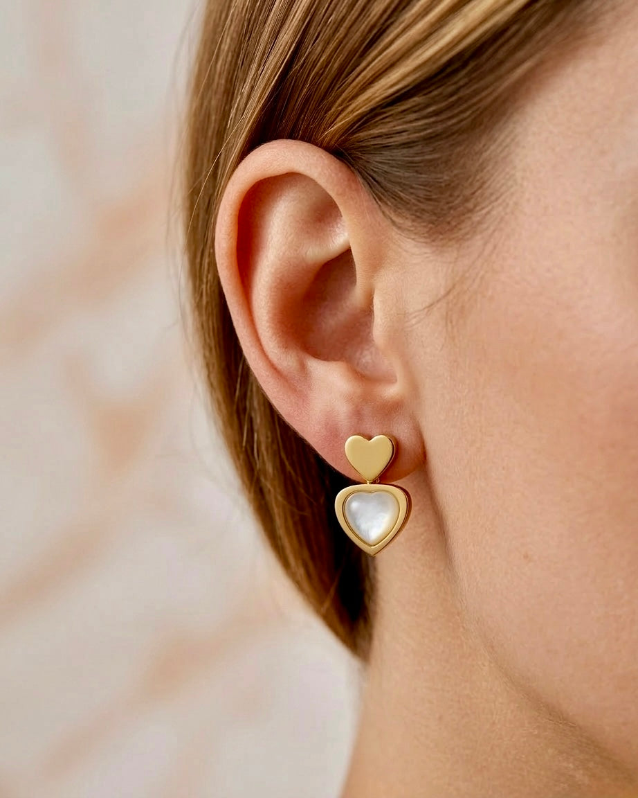 Golden Heart Pearl Stud Earrings