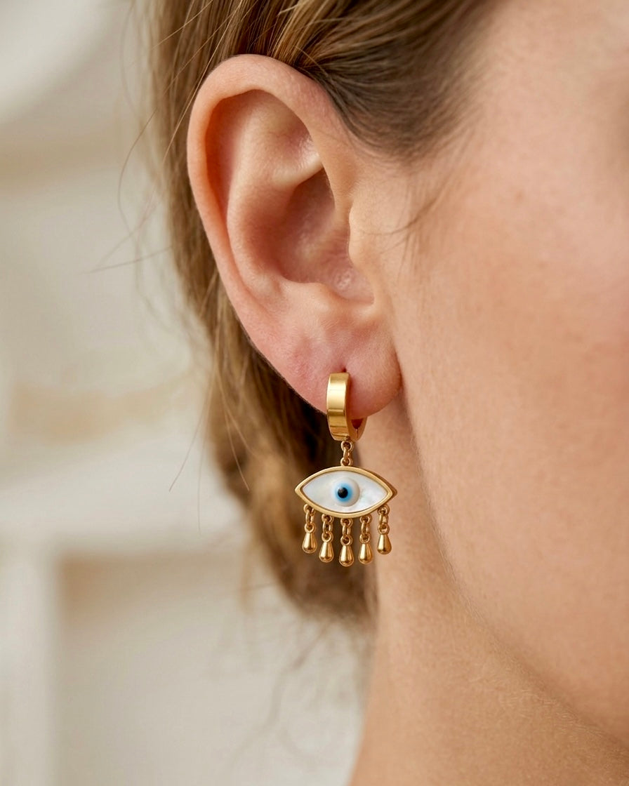 Evil Eye Charm Drop Hoop Earrings