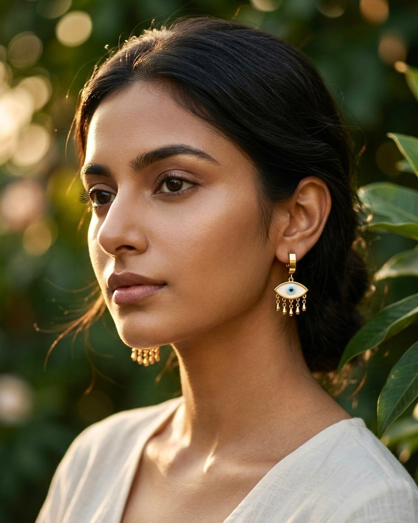 Evil Eye Charm Drop Hoop Earrings