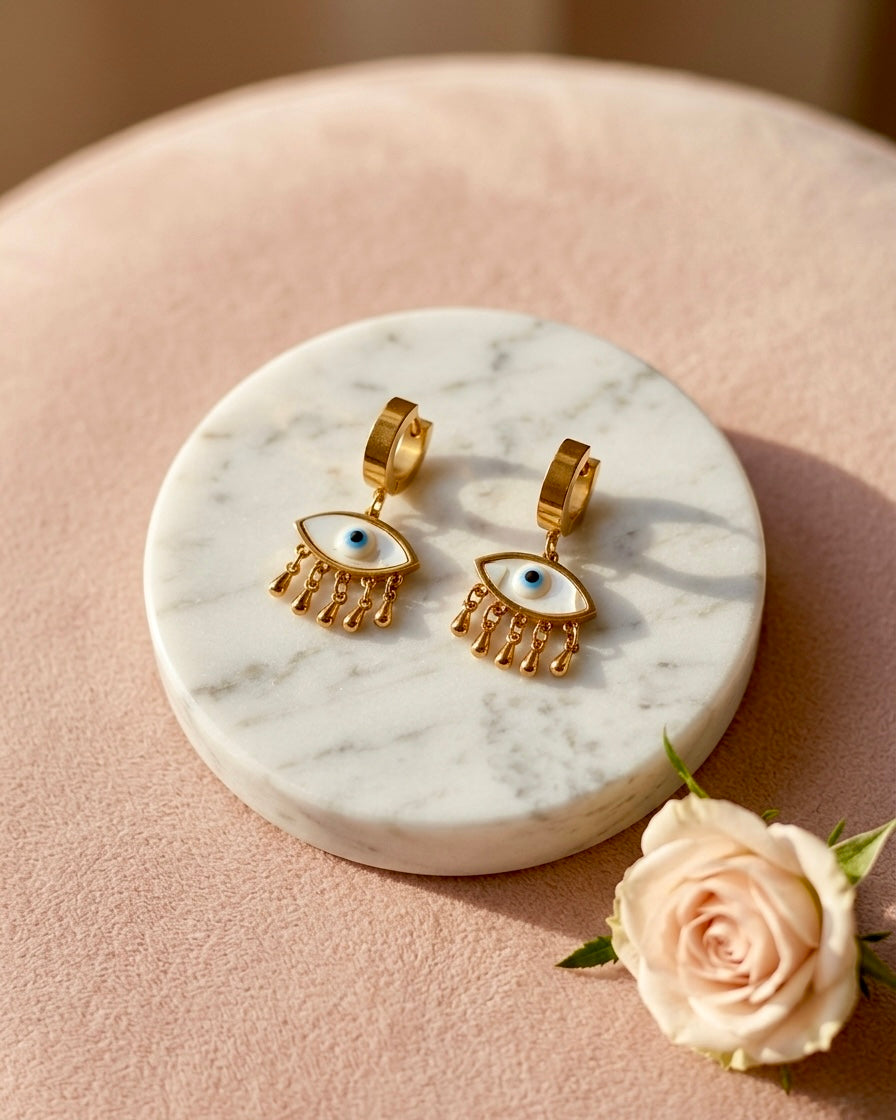 Evil Eye Charm Drop Hoop Earrings