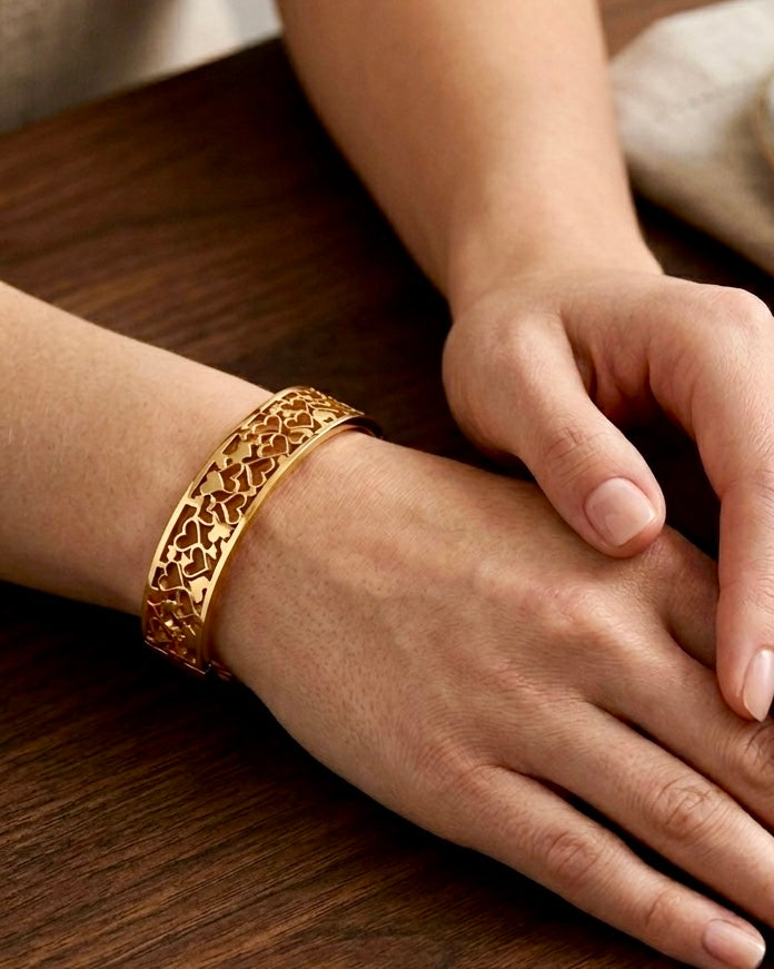 Golden Heart Lace Open Cuff Bracelet