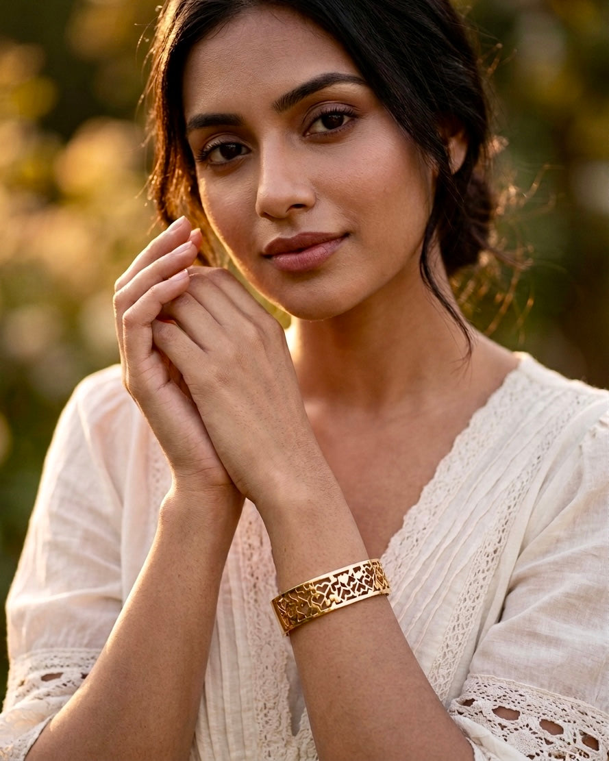 Golden Heart Lace Open Cuff Bracelet