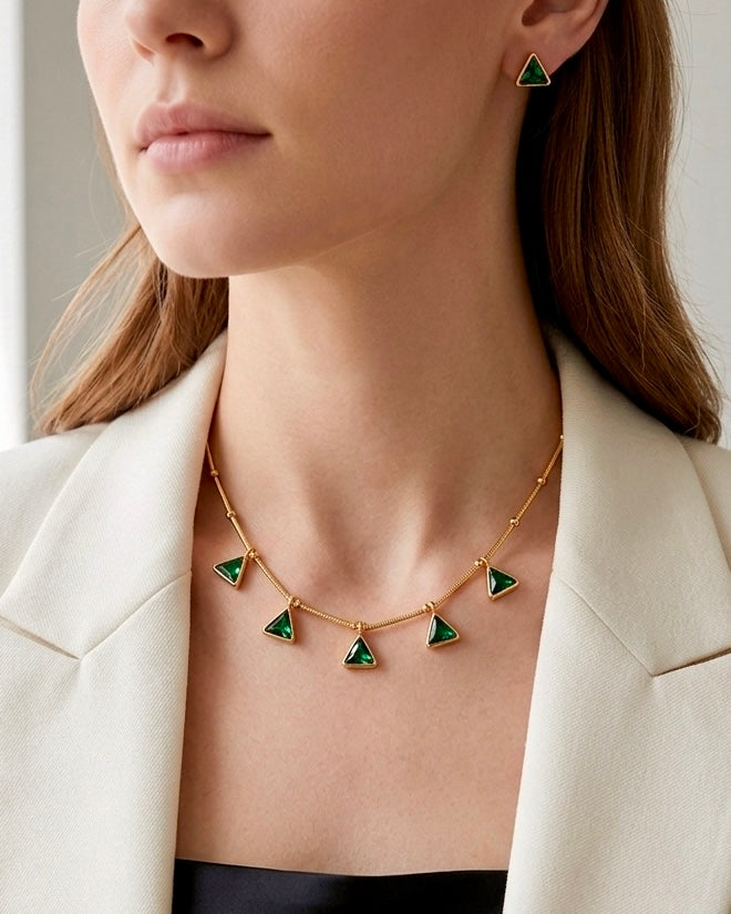 Emerald Prism Necklace & Stud Earrings Set